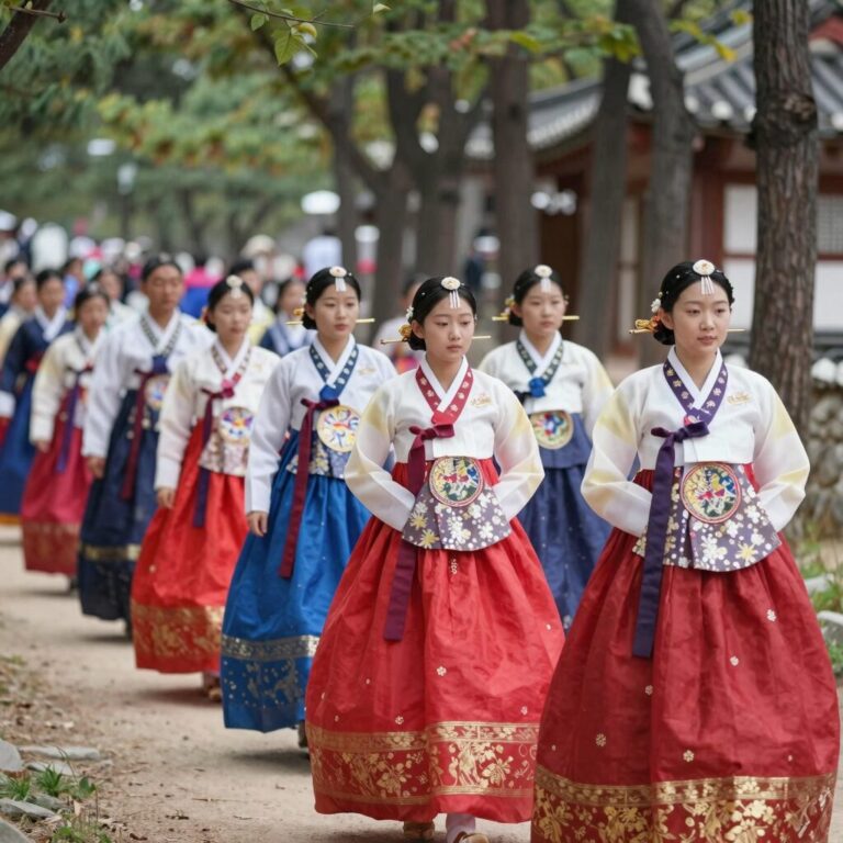 경산 자인단오제의 화려한 전통 의상과 장식을 한 행렬이 숲길을 따라가는 모습