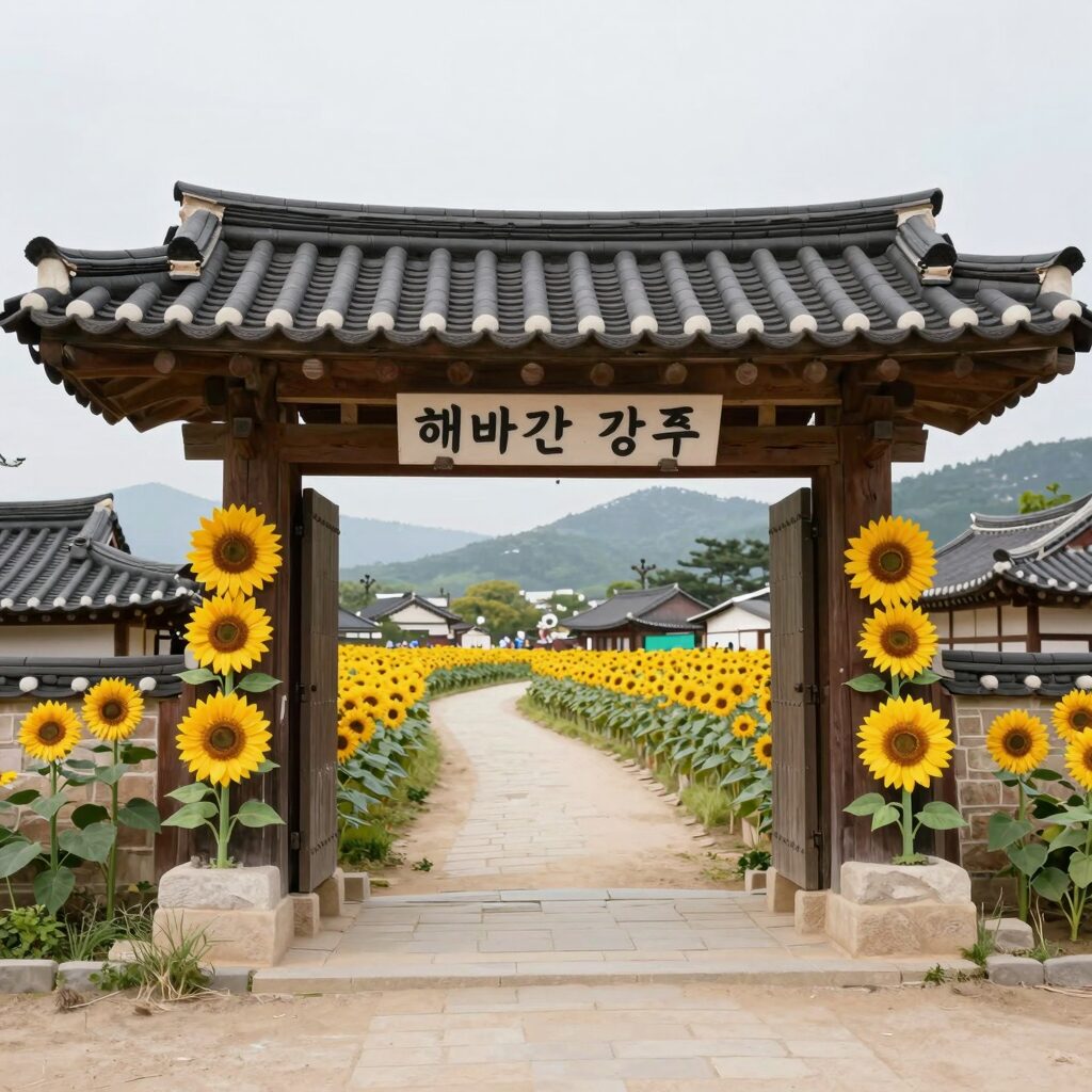 함안 강주 해바라기 마을 입구 모습, 노란색 해바라기 그림과 귀여운 장식으로 꾸며져 있음