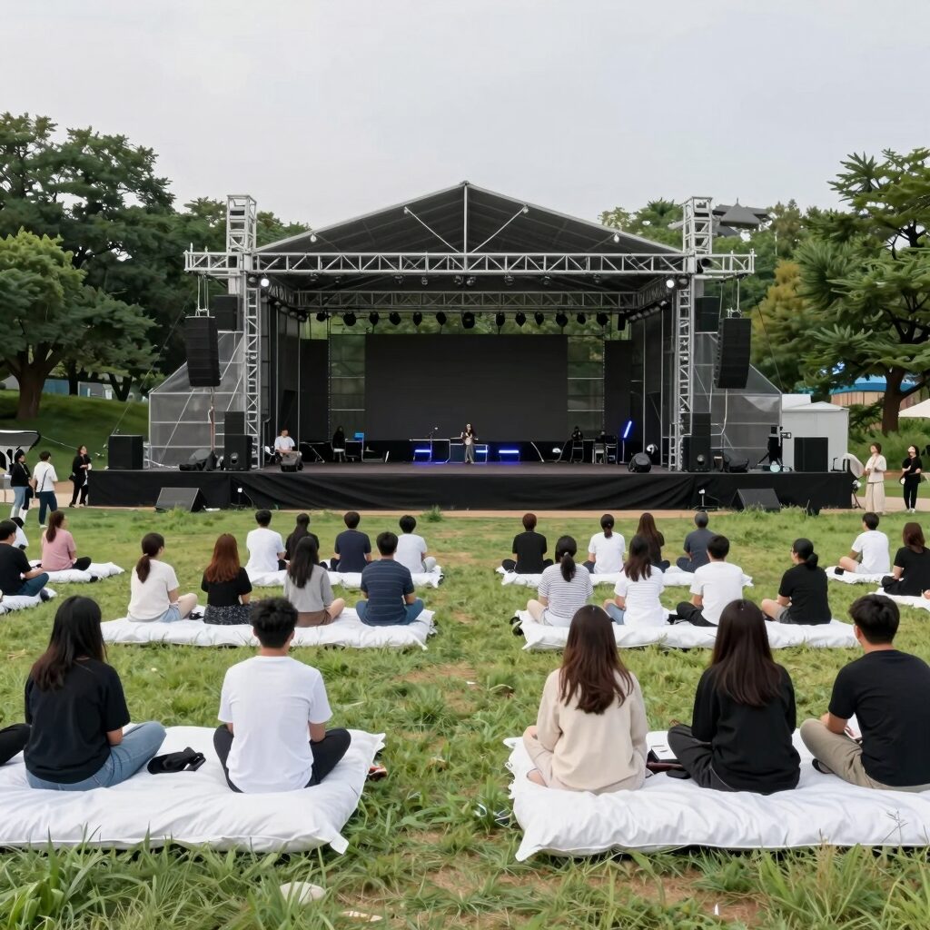 화명생태공원 파크 콘서트 무대와 잔디밭에서 돗자리를 펴고 앉은 관람객들의 모습