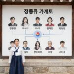 정몽규 회장 가계도를 설명하는 사진으로 현대가 주요 인물들의 스케치와 관계도를 나타낸 이미지