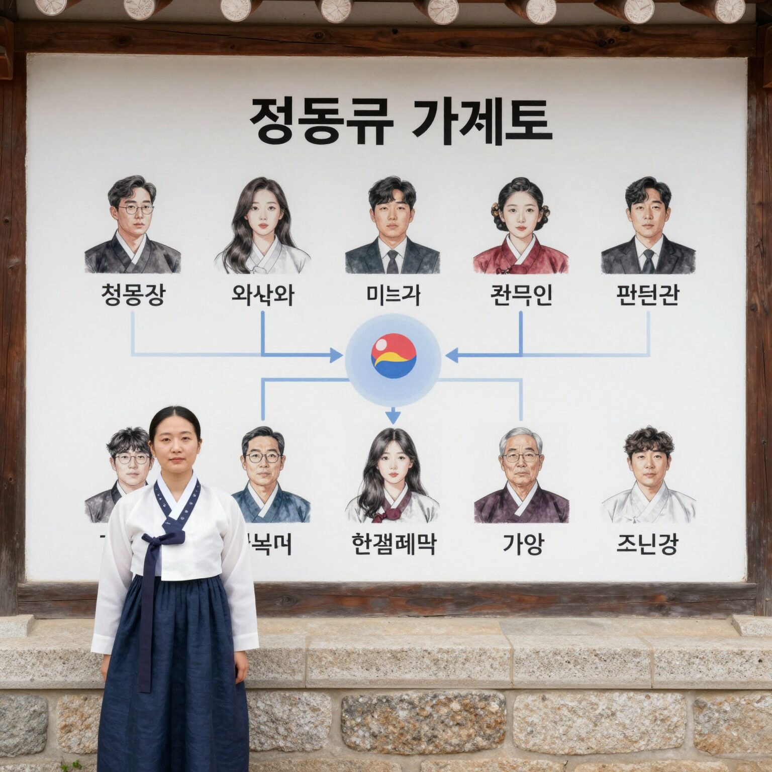 정몽규 회장 가계도를 설명하는 사진으로 현대가 주요 인물들의 스케치와 관계도를 나타낸 이미지