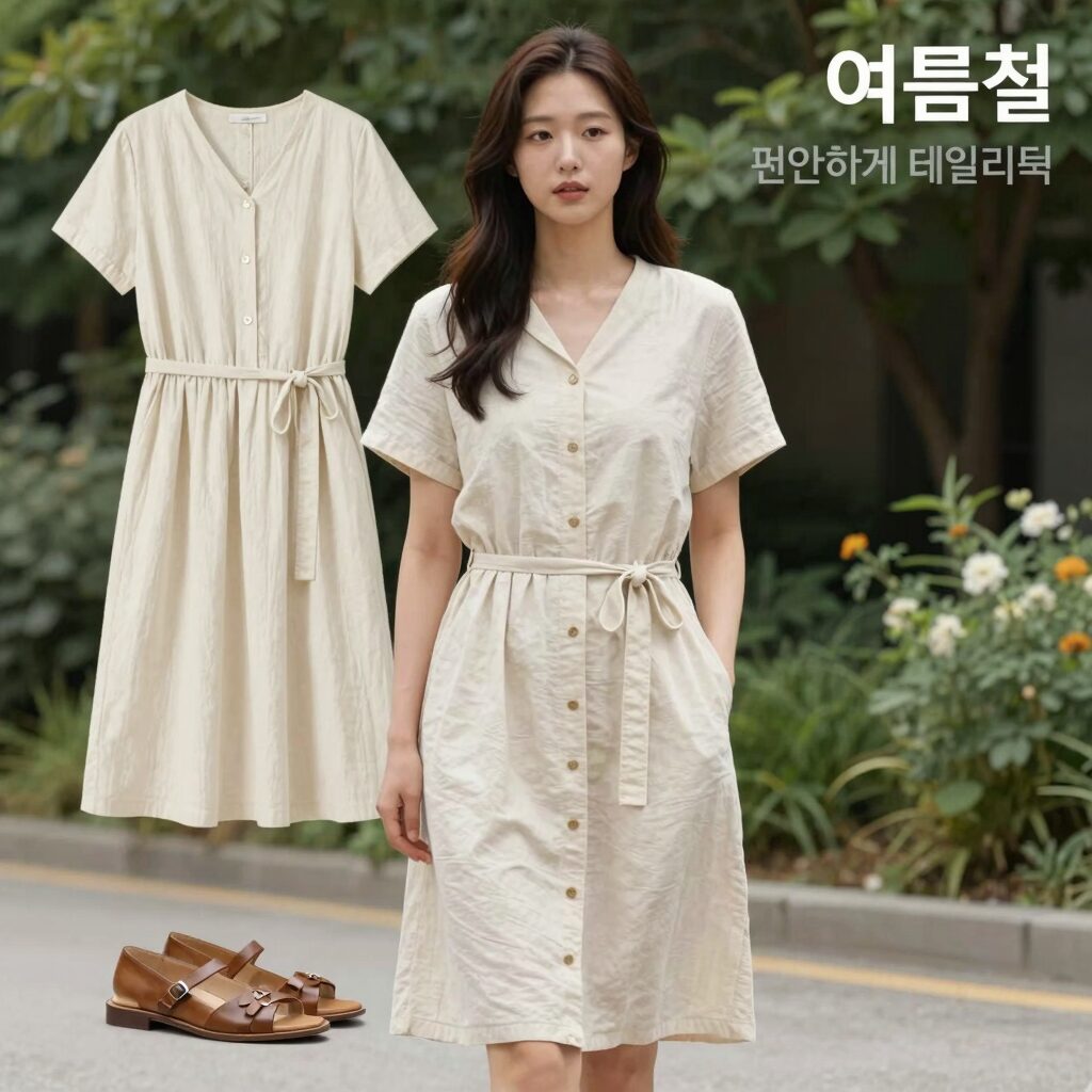 여름철 편안하게 입는 루즈핏 면마 원피스 데일리룩 코디 예시