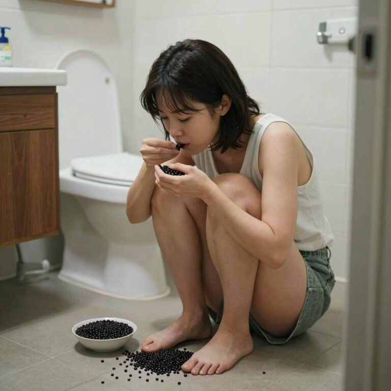 가수 린이 화장실 바닥에 앉아 검은 콩을 먹으며 아침 식사를 하고 있다. 변기와 세면대 사이 좁은 공간에서 편안한 표정을 짓고 있다.
