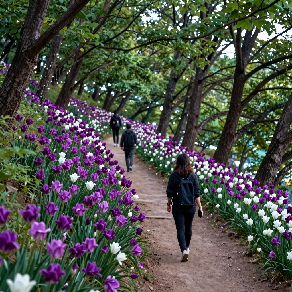 월아산 숲속의 진주 수국 축제에서 핀 보랏빛과 흰색 수국들과 조명이 비친 야경 산책로 풍경