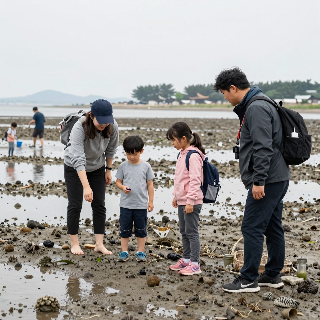 전문 생태 해설사의 안내를 받으며 강정마을 갯벌을 탐험하는 가족들의 모습. 맨발로 갯벌에 서서 웃고 있는 참가자들과 풍부한 생태계를 관찰하고 있다.