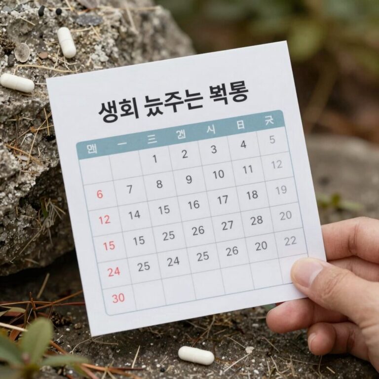 생리 늦추는 약 복용 시기를 설명하는 달력과 알약 이미지