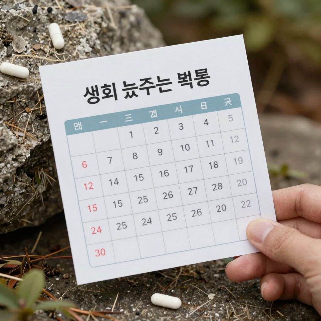생리 늦추는 약 복용 시기를 설명하는 달력과 알약 이미지