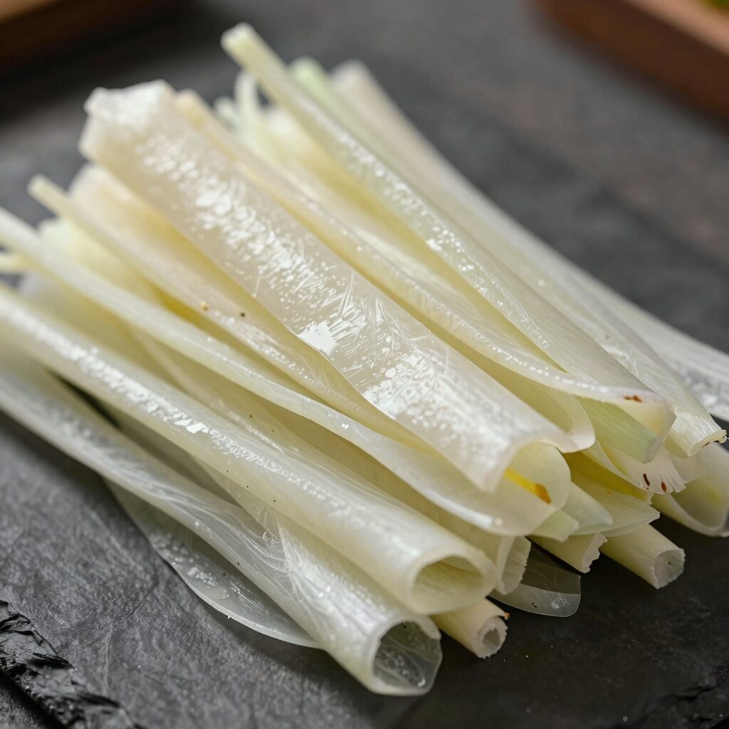 얇게 썬 오이지 모습, 0.3cm 두께로 일정하게 썰어야 꼬들한 식감이 산다