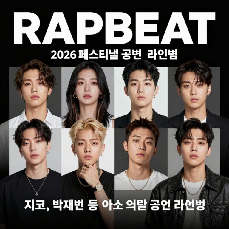 RAPBEAT 2026 페스티벌 공연 라인업 포스터로 지코, 박재범 등 아티스트들의 얼굴이 담겨 있음