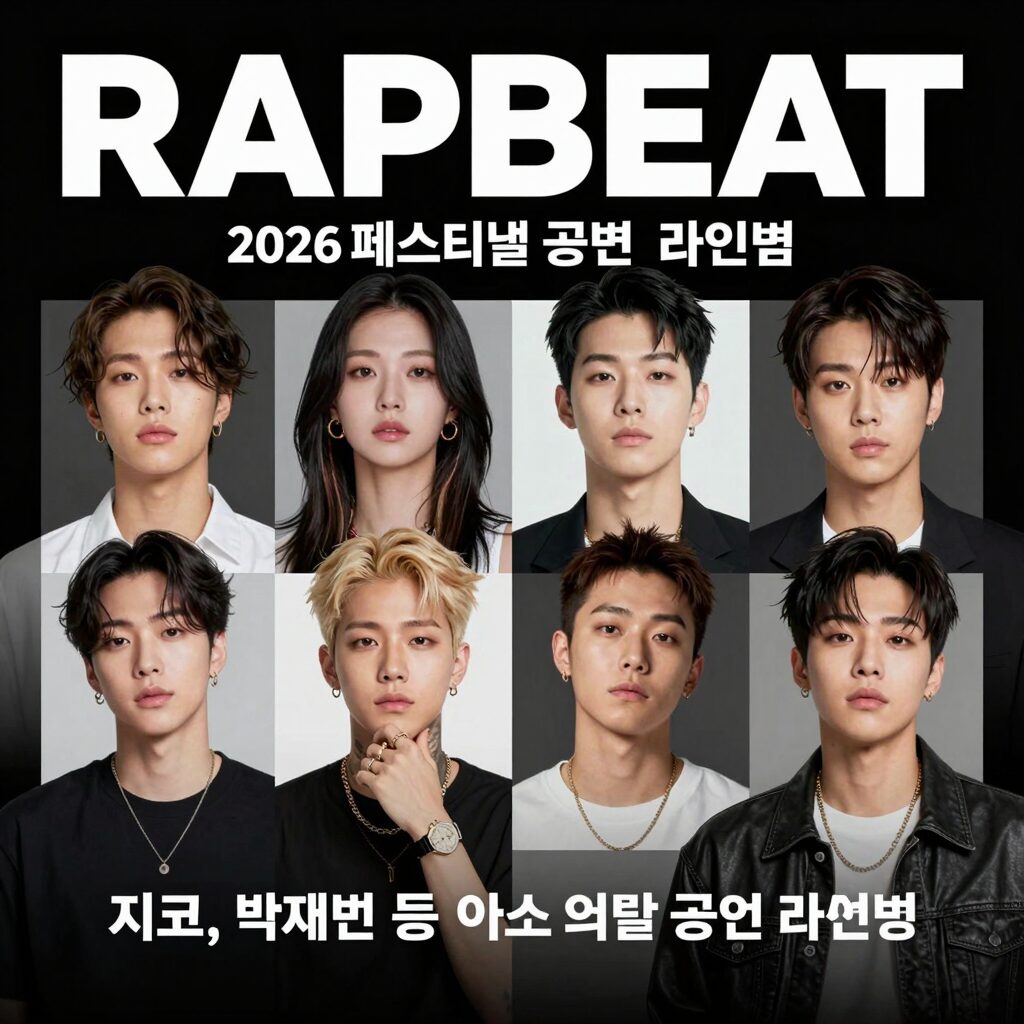 RAPBEAT 2026 페스티벌 공연 라인업 포스터로 지코, 박재범 등 아티스트들의 얼굴이 담겨 있음