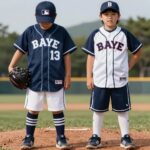 래쉬가드 세트 비교 사진 MLB키즈 안다르 BAYB 제품 나란히 놓인 모습