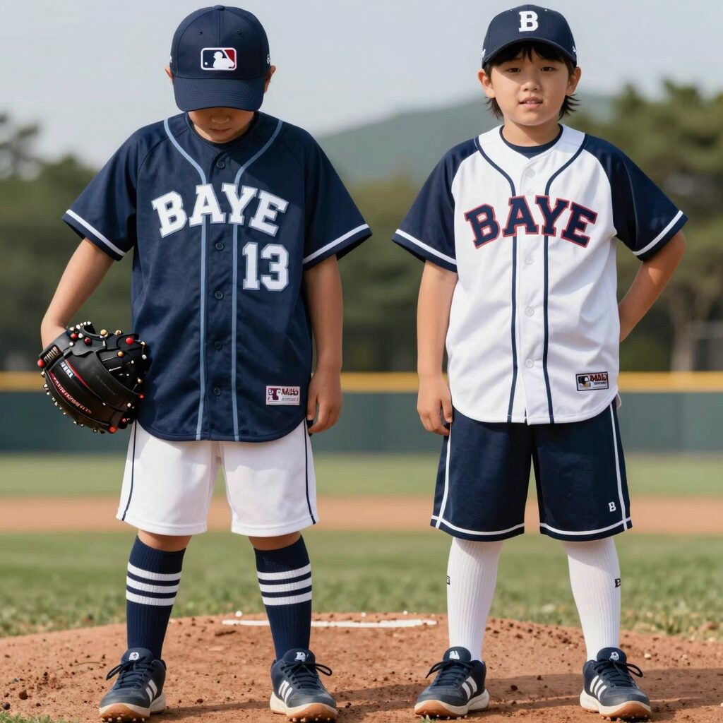 래쉬가드 세트 비교 사진 MLB키즈 안다르 BAYB 제품 나란히 놓인 모습