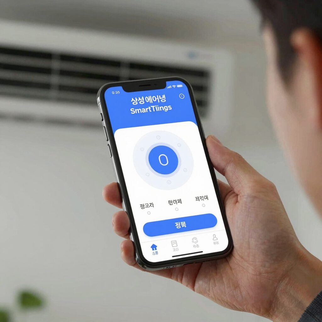 삼성 에어컨 SmartThings 앱 연결 화면으로 에어컨 전원 켜기와 온도 조절을 스마트폰으로 제어하는 모습