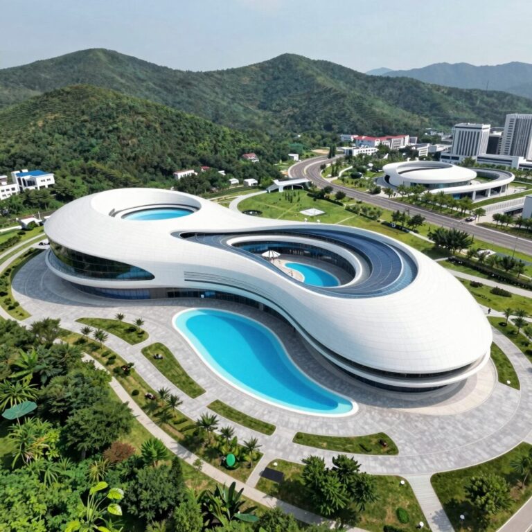 시흥 웨이브파크 조감도, 세계 최대 인공 서핑 시설의 규모와 현대적인 설계가 돋보이는 사진