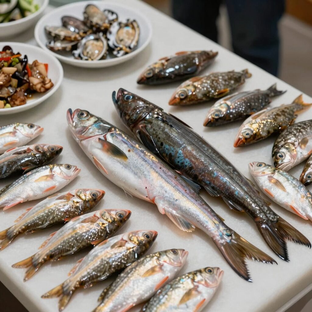 7월 제철 해산물이 차려진 식탁 사진 갯장어 민어 한치 등이 담겨 있다