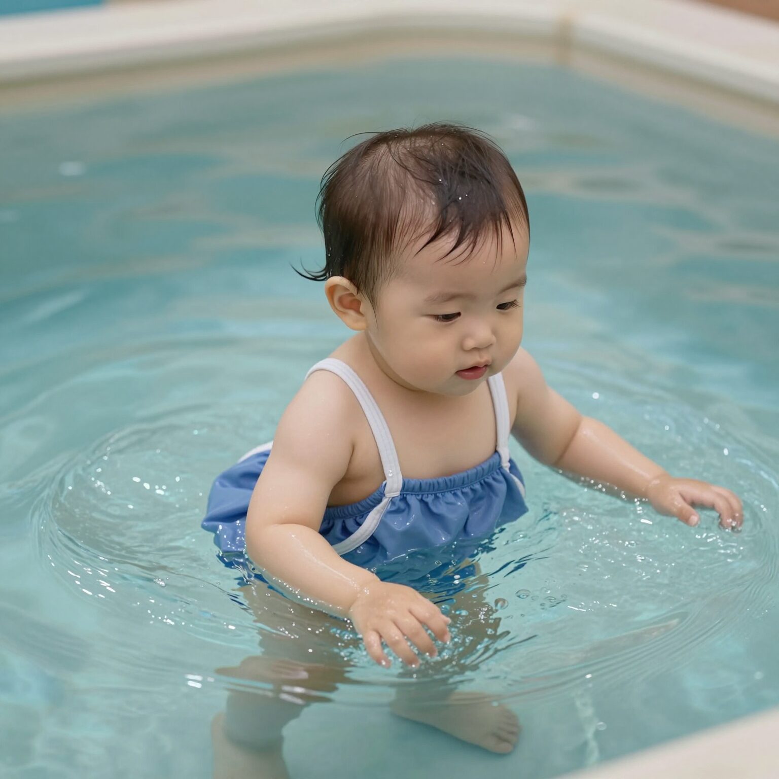 아기가 수영장에서 방수기저귀를 착용하고 물놀이하는 모습