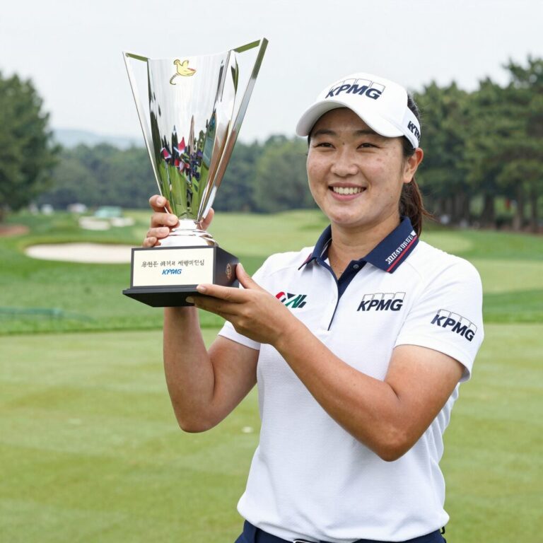 유해란 프로가 KPMG 위민스 PGA 챔피언십에서 우승 트로피를 들어 올리며 환하게 웃고 있다. 배경에는 헤이즐틴 내셔널 골프클럽의 푸른 페어웨이가 펼쳐져 있다.