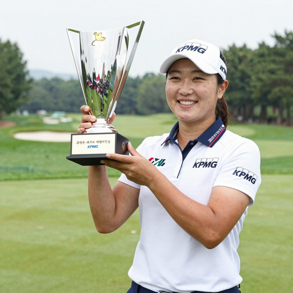 유해란 프로가 KPMG 위민스 PGA 챔피언십에서 우승 트로피를 들어 올리며 환하게 웃고 있다. 배경에는 헤이즐틴 내셔널 골프클럽의 푸른 페어웨이가 펼쳐져 있다.