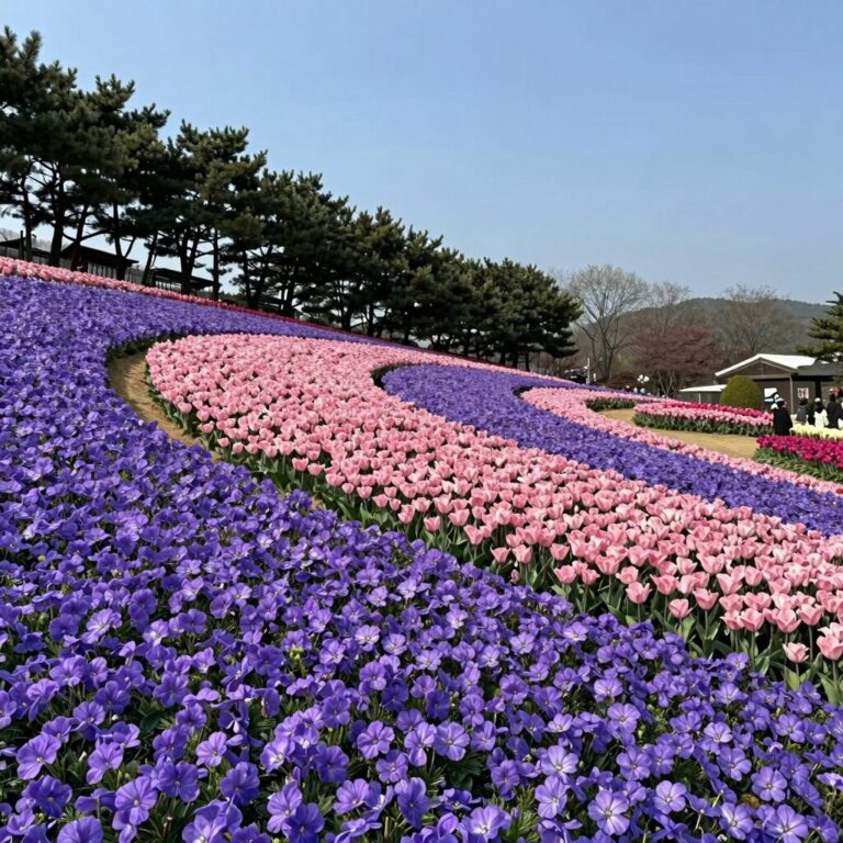 울산 장생포 수국축제 오색수국정원 풍경 하늘색 보라색 분홍색 수국이 언덕을 따라 펼쳐져 있음