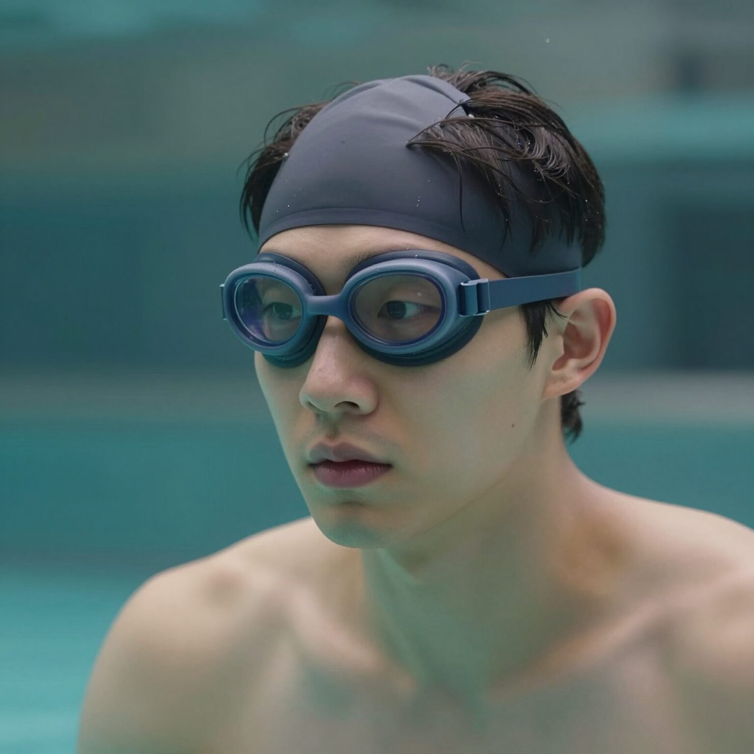 성인 실리콘 수영모자 착용 모습