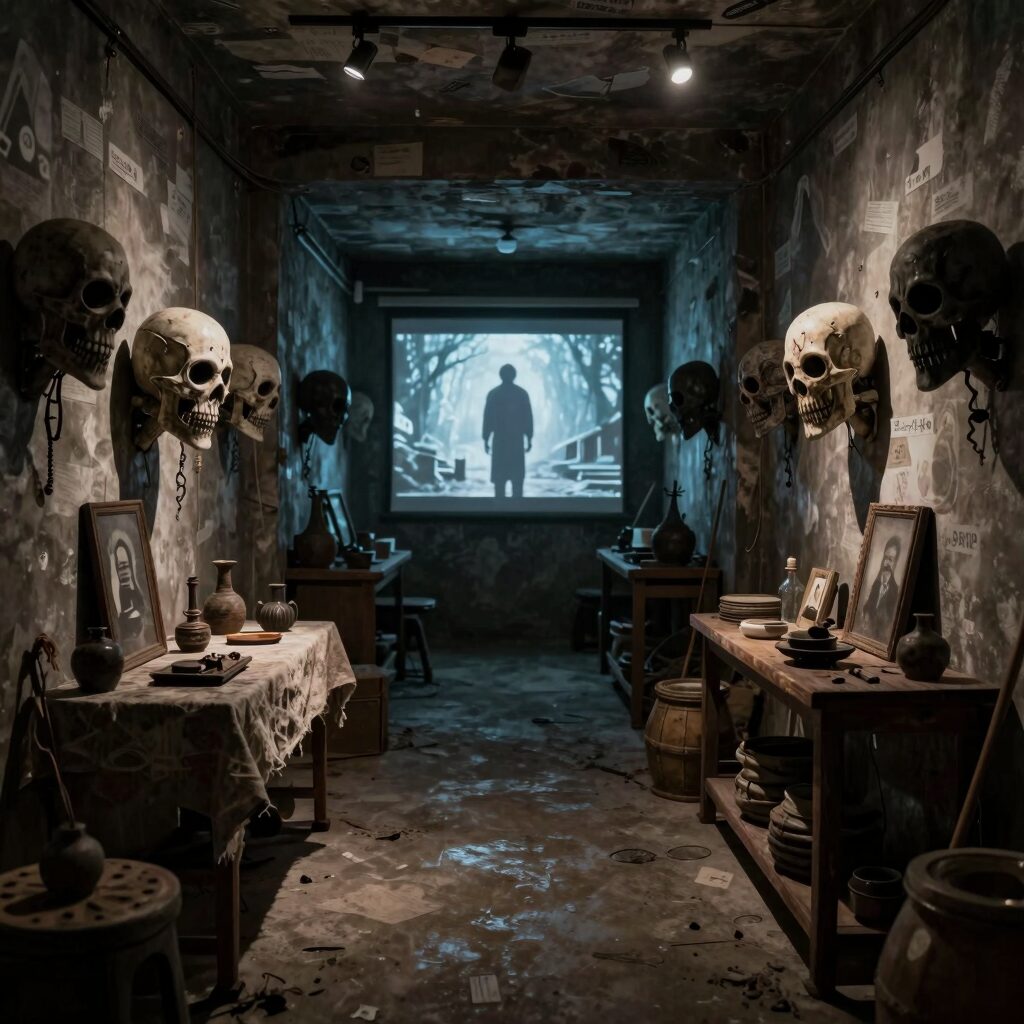 공포체험 사망 위험을 알리는 귀신의 집 내부 사진 어두운 복도와 무서운 소품들이 배치되어 있음