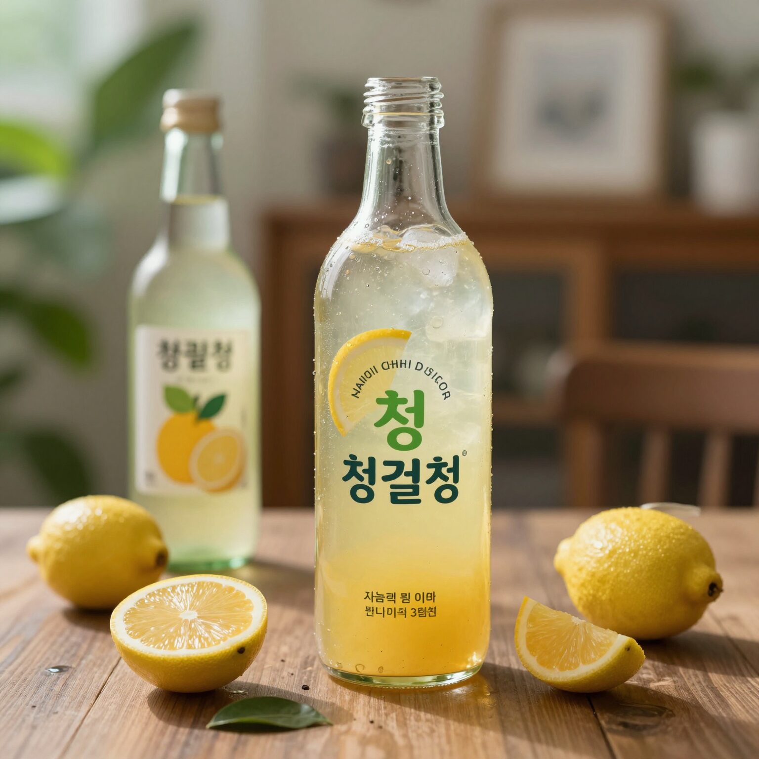 청귤청 한 병과 함께 완성된 청귤에이드 한 잔, 상큼한 여름 홈카페 분위기