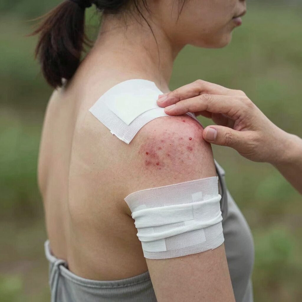 산모기 물린 후 부어오른 피부에 호랑이연고를 바르는 모습