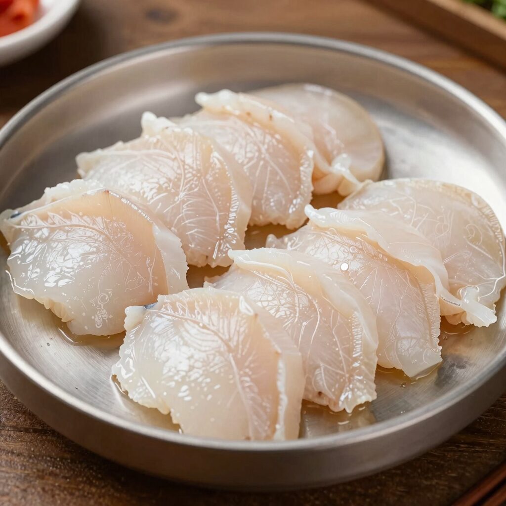 신선한 민어회 접시와 초장이 나란히 놓인 테이블, 흰 살 생선회가 두껍게 썰려 있음