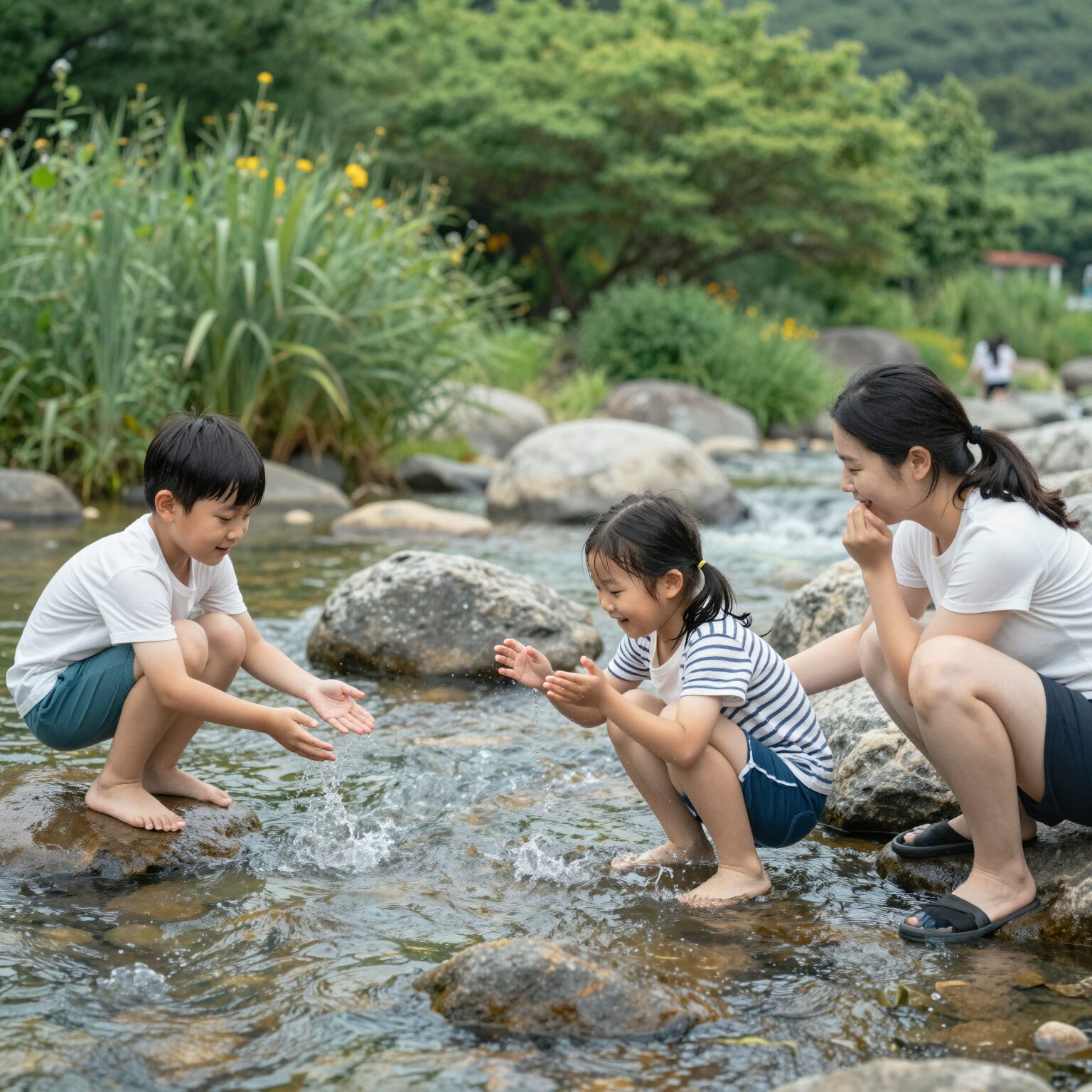 안양 예술공원 계곡에서 가족이 물놀이를 즐기는 모습