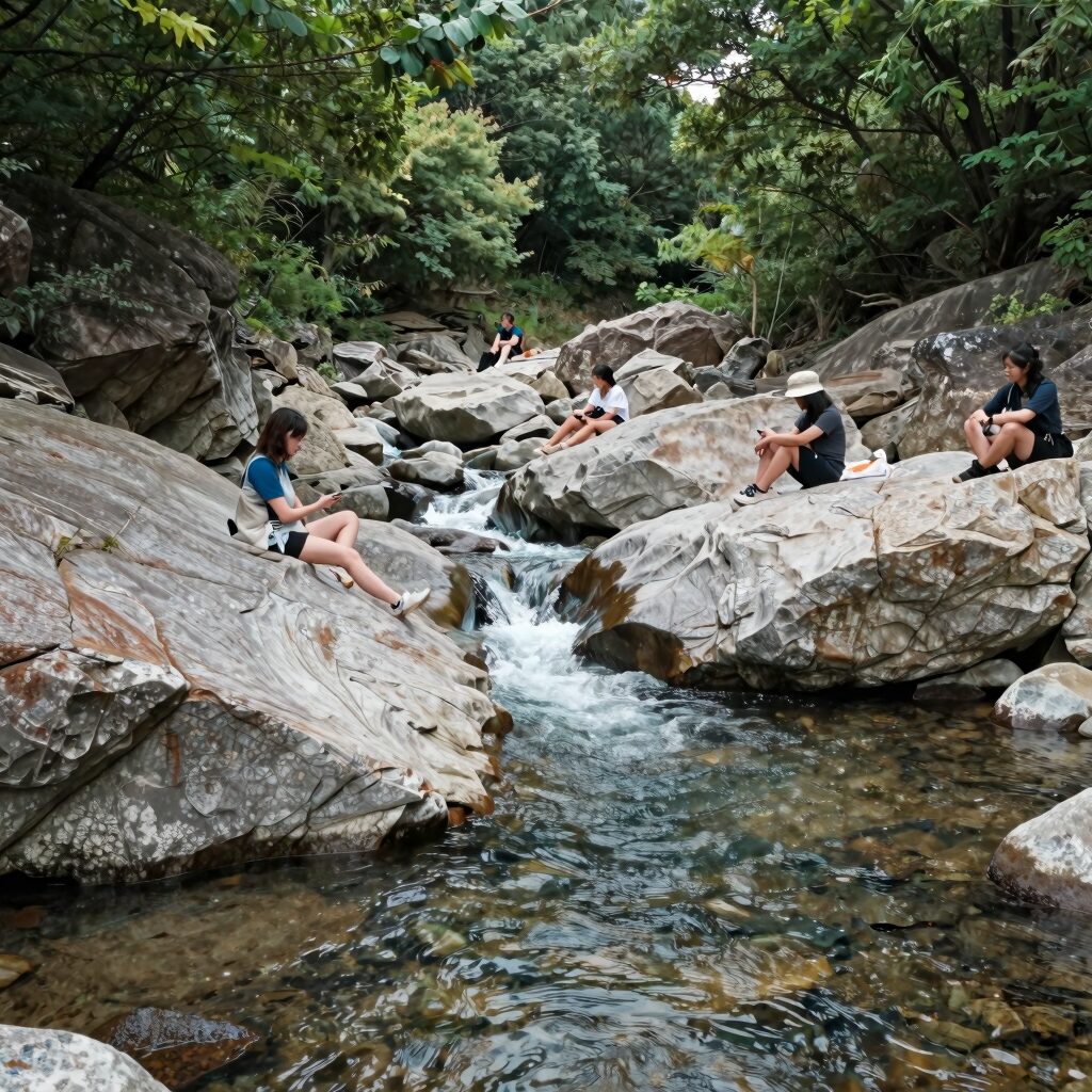 강진 경포대 계곡 맑은 물과 바위 위에서 쉬는 피서객들의 모습