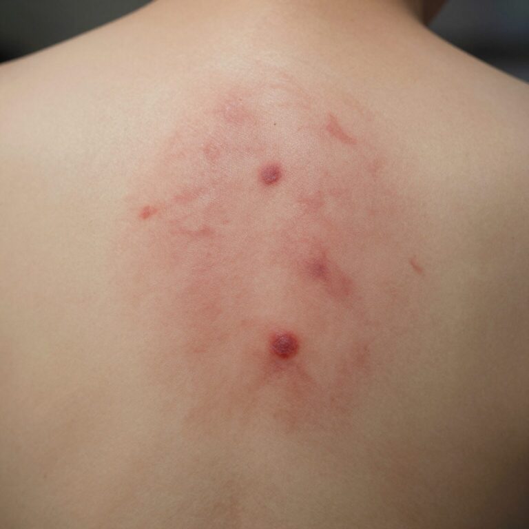 권연벌레 물림 증상으로 인한 피부 발진과 붉은 자국을 보여주는 이미지