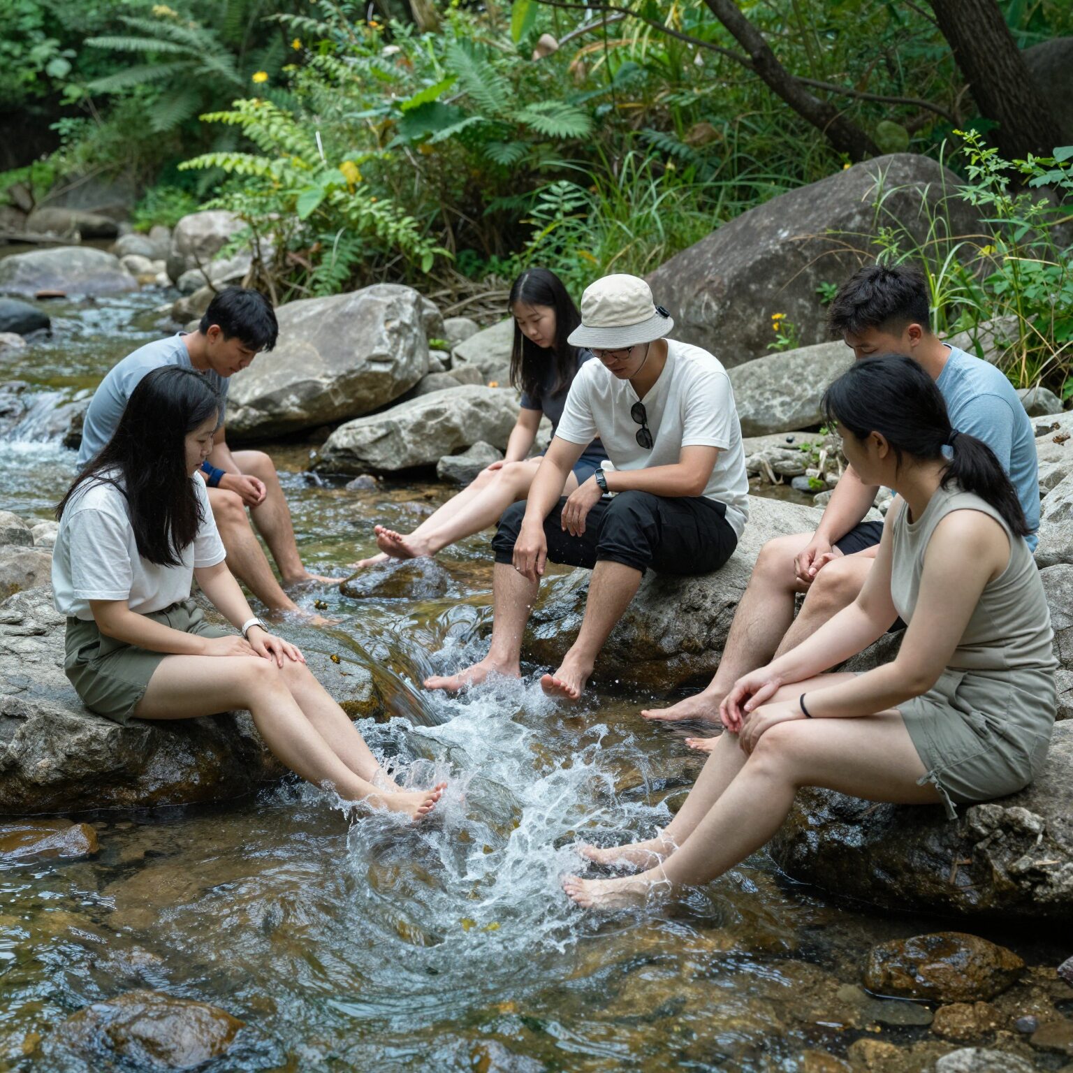돈내코계곡 시원한 계곡물에 발 담그는 사람들 모습