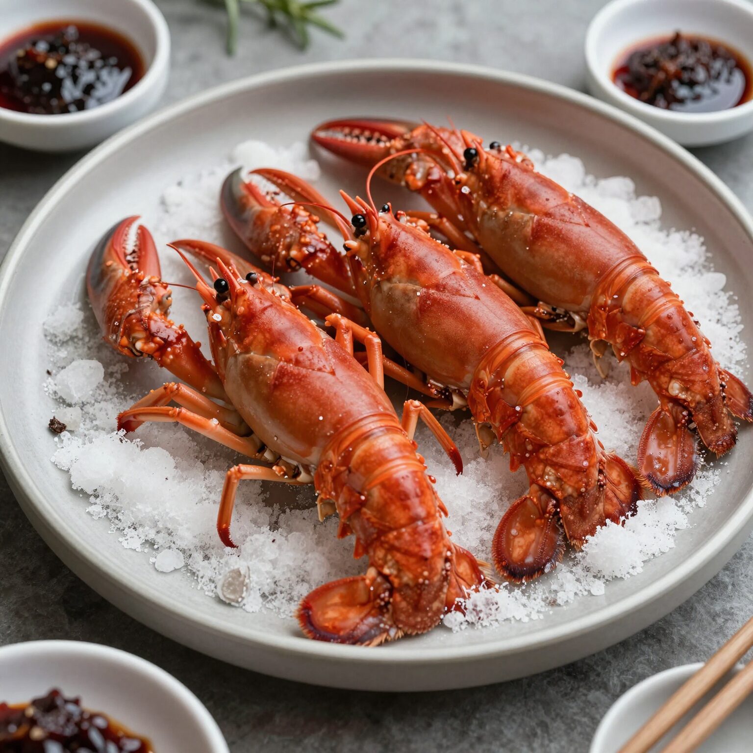 소래포구 대하구이 축제에서 구운 대하 접시, 붉게 익은 대하가 소금 위에 놓여 있고 주변에 초장과 간장소스가 준비되어 있음