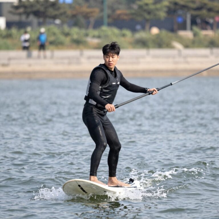 한강 웨이크보드 강습 중 초보자가 보트 줄을 잡고 일어서는 모습
