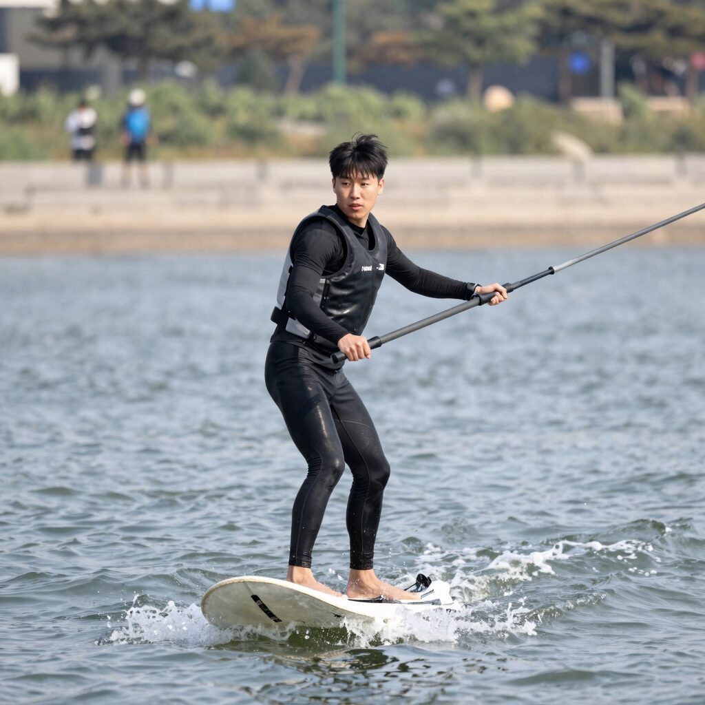 한강 웨이크보드 강습 중 초보자가 보트 줄을 잡고 일어서는 모습