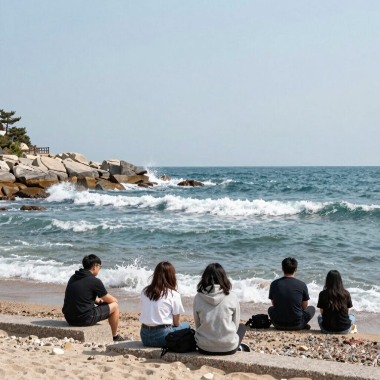 캐리비안 베이 파도풀 야외파도풀 전경에서 파도를 기다리는 사람들