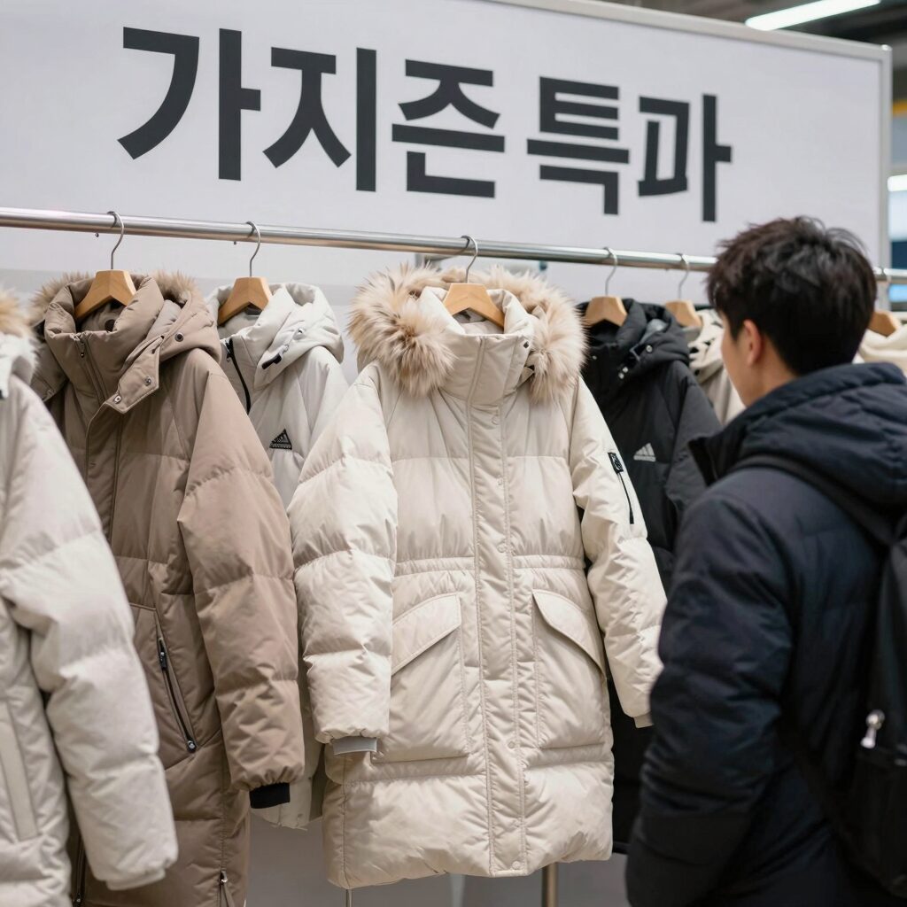 역시즌특가로 마련된 겨울 패딩 진열장