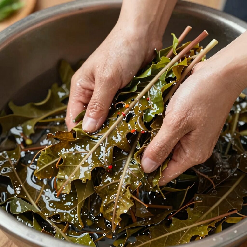 깻잎된장장아찌를 만들기 위해 데친 깻잎을 씻고 물기를 짜는 모습