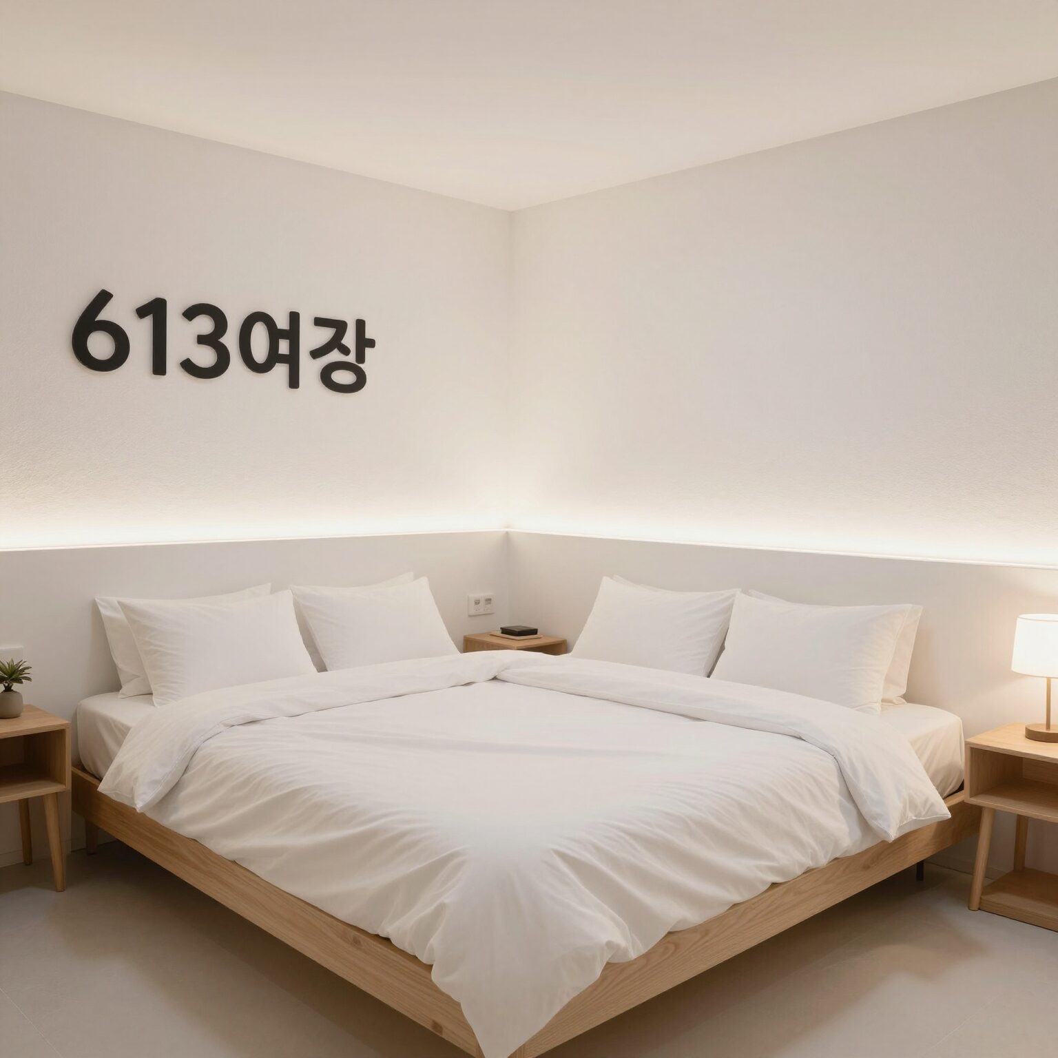 613여관 201호 객실 내부 화이트 인테리어와 침대