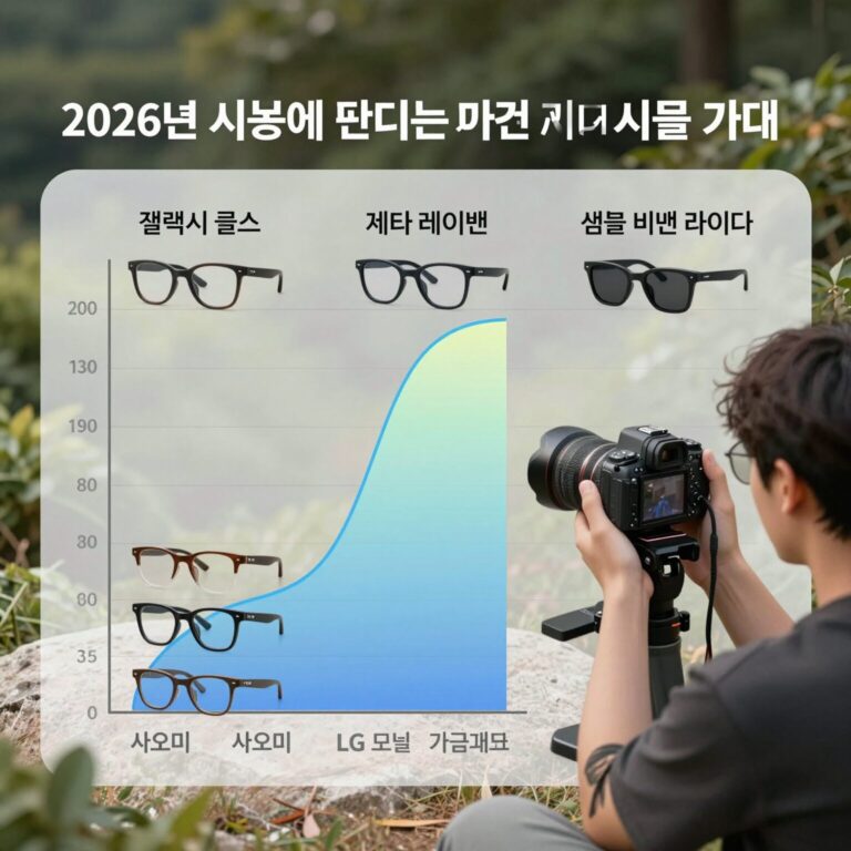 2026년 시중에 판매되는 다양한 AI안경의 가격을 비교한 그래프 이미지. 갤럭시 글래스, 메타 레이밴, 애플 비전 라이트, 샤오미, LG 모델의 가격 막대그래프와 사진이 포함됨.