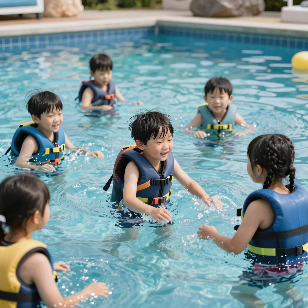 울산대공원 아쿠아시스 파도풀에서 아이들이 구명조끼를 입고 물놀이하는 모습