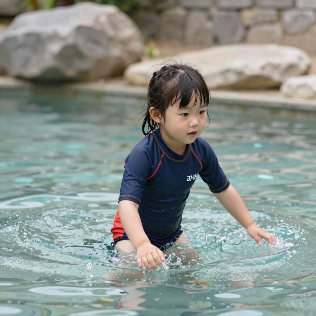 여자아기가 투피스 래쉬가드를 입고 물놀이하는 모습
