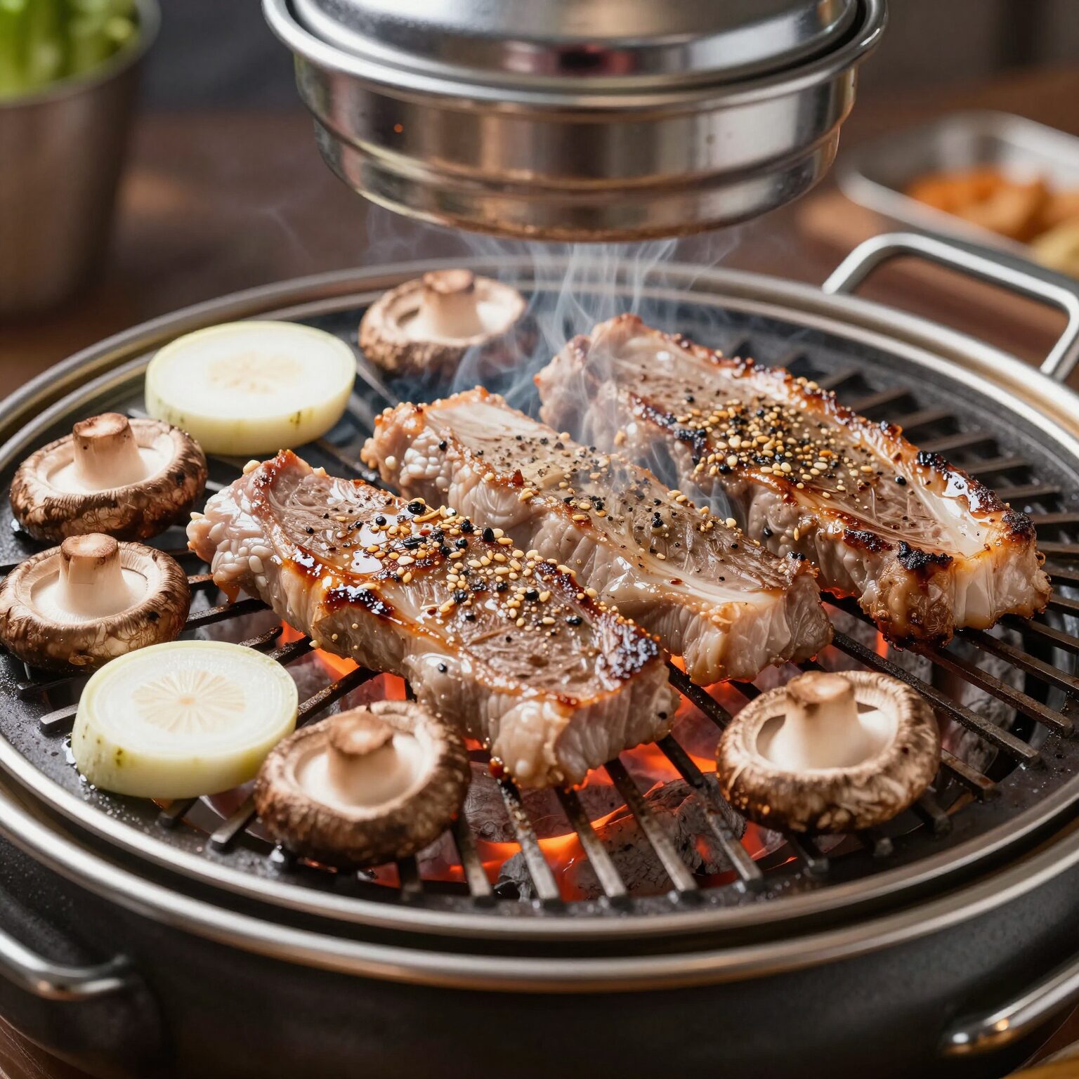 밀양 까사아지오펜션 개별 바베큐장에서 고기를 굽는 모습. 숯불 위에 시즈닝 된 삼겹살과 버섯, 양파가 보인다.