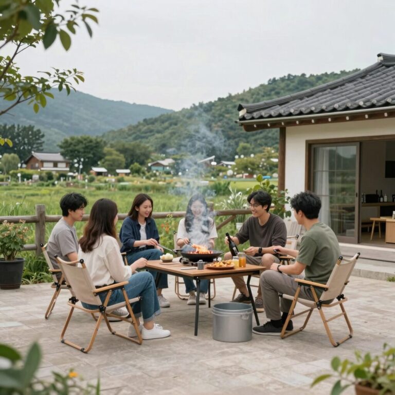 카세리오 펜션 메누하빌 야외 테라스에서 바베큐를 즐기는 모습, 넓은 공간과 깔끔한 시설이 돋보인다