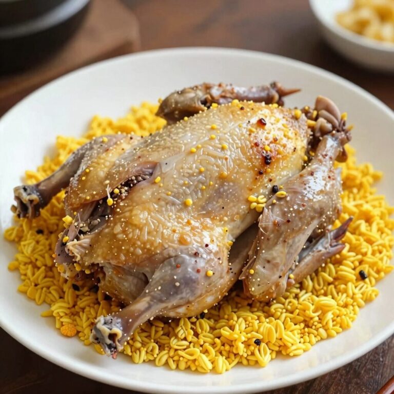 완성된 찹쌀닭찜을 접시에 뒤집어 담은 모습. 찹쌀이 노릇하게 익고 닭이 부드럽게 보이는 접시 가득한 보양식 사진