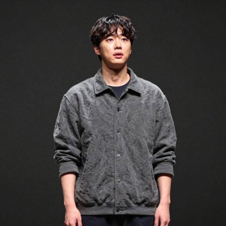 배우 최상엽이 연극 무대에서 연기하는 모습, 진지한 표정과 자세가 돋보인다