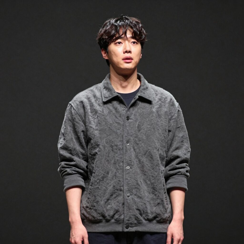 배우 최상엽이 연극 무대에서 연기하는 모습, 진지한 표정과 자세가 돋보인다