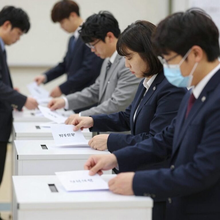 충주시장 재검표 현장에서 개표위원들이 투표지를 확인하고 있는 모습