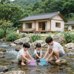여름 충남 계곡 펜션 힐링 여행 충남 청양 칠갑산 계곡 펜션에서 물놀이하는 가족의 모습, 맑은 계곡과 펜션 전경