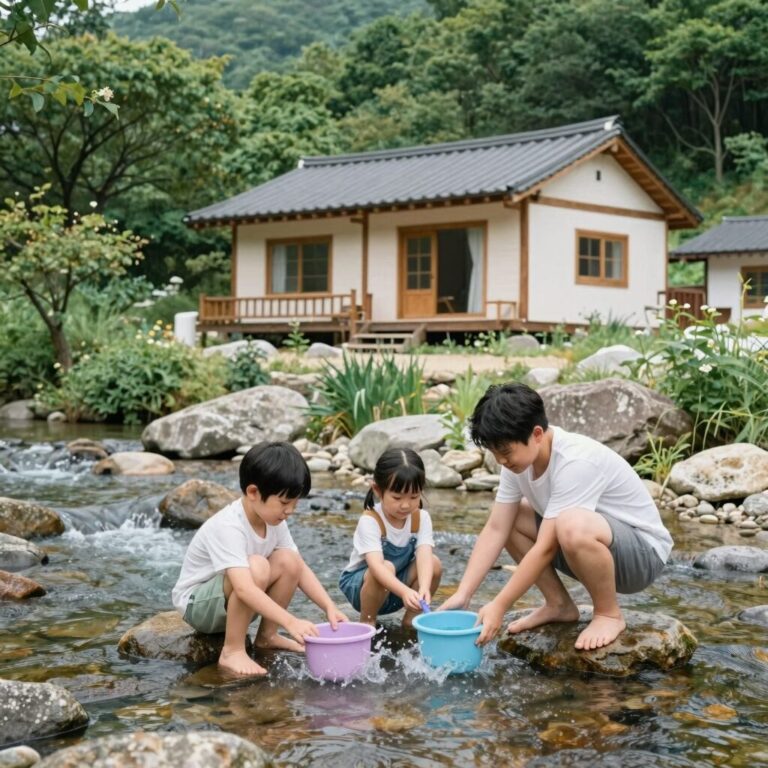 충남 청양 칠갑산 계곡 펜션에서 물놀이하는 가족의 모습, 맑은 계곡과 펜션 전경
